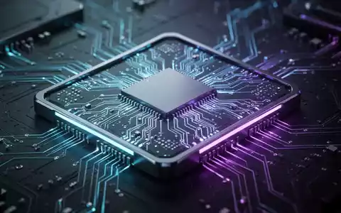 Nahaufnahme eines leuchtenden, komplexen Mikrochips mit blauem und violettem Licht, Symbol für fortschrittliche Technologie und Halbleiterfertigung. - Foto: über boerse-global.de