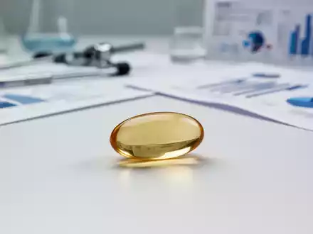 Eine einzelne glänzende Omega-3-Kapsel liegt auf einer sterilen weißen Oberfläche, im Hintergrund verschwommene wissenschaftliche Instrumente. - Foto: über boerse-global.de