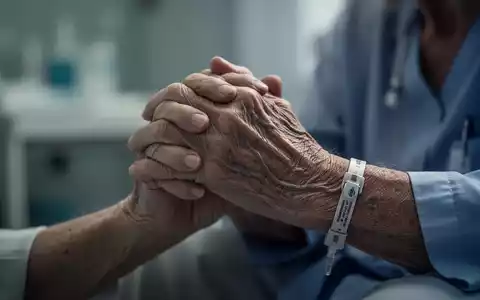Nahaufnahme der gefalteten Hände einer älteren Person, die Besorgnis oder Nachdenklichkeit ausdrückt, mit einem dezenten medizinischen Armband. - Foto: über boerse-global.de