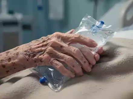 Eine faltige, ältere Hand, die einen Kühlpack oder eine warme Decke hält, vor unscharfem Hintergrund, der ein Krankenhaus andeutet. - Foto: über boerse-global.de