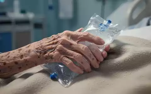 Eine faltige, ältere Hand, die einen Kühlpack oder eine warme Decke hält, vor unscharfem Hintergrund, der ein Krankenhaus andeutet. - Foto: über boerse-global.de
