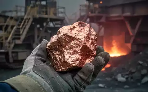 Nahaufnahme eines glänzenden Kupfererzstücks in einer behandschuhten Hand mit verschwommenen Bergbaumaschinen im Hintergrund. - Foto: über boerse-global.de