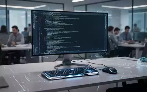 Ein moderner Schreibtisch mit einem OLED-Monitor, der Code anzeigt, und ergonomischer Peripherie in einem geschäftigen Büro. - Foto: über boerse-global.de
