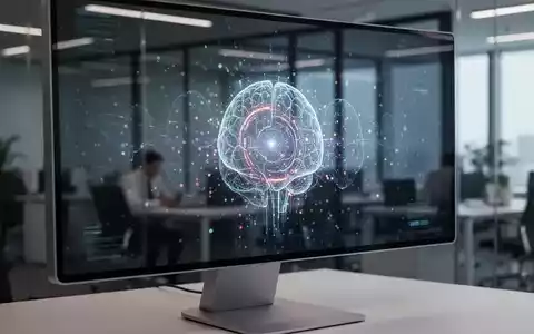 Nahaufnahme eines PC-Bildschirms mit abstrakten, leuchtenden KI-Visualisierungen und einer Spiegelung eines Büros. - Foto: über boerse-global.de