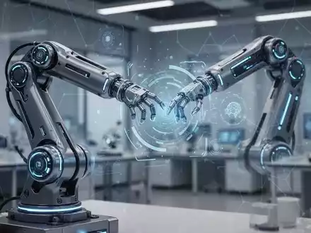 Futuristischer Roboterarm mit blauen Leuchtdetails, bereit zur Interaktion mit holografischer Oberfläche, in modernem Labor. - Foto: über boerse-global.de