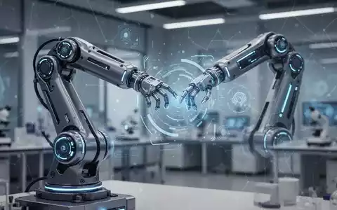 Futuristischer Roboterarm mit blauen Leuchtdetails, bereit zur Interaktion mit holografischer Oberfläche, in modernem Labor. - Foto: über boerse-global.de