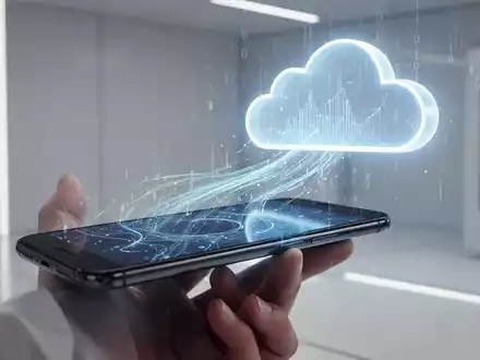 Ein Smartphone, das Daten in eine stilisierte Wolke hochlädt, mit binärem Code und einem Fokus auf Datensicherheit und -verwaltung. - Foto: über boerse-global.de