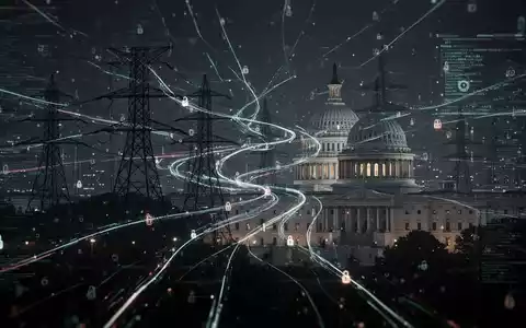 Digitales Netzwerk mit leuchtenden Datenströmen über abstrakten Stromleitungen und Regierungsgebäuden, symbolisiert Cyber-Spionage. - Foto: über boerse-global.de