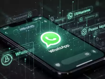 Nahaufnahme eines Smartphone-Bildschirms mit WhatsApp-Oberfläche, digitalen Linien und Symbolen für neue Benutzernamen- und Passkey-Funktionen. - Foto: über boerse-global.de