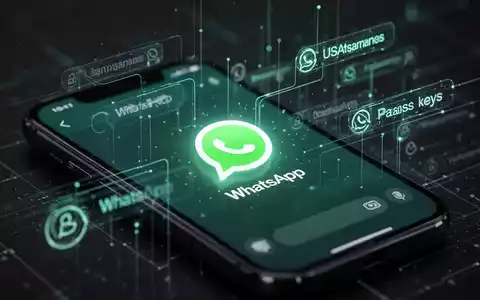 Nahaufnahme eines Smartphone-Bildschirms mit WhatsApp-Oberfläche, digitalen Linien und Symbolen für neue Benutzernamen- und Passkey-Funktionen. - Foto: über boerse-global.de