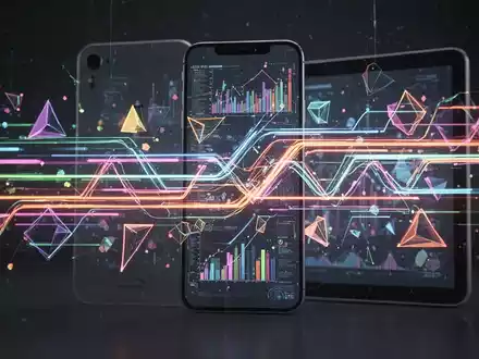 Stilisierte digitale Oberfläche mit leuchtenden Linien und geometrischen Formen, die Geschwindigkeit und Datenfluss symbolisieren, über mobile Geräte gelegt. - Foto: über boerse-global.de