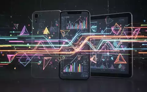Stilisierte digitale Oberfläche mit leuchtenden Linien und geometrischen Formen, die Geschwindigkeit und Datenfluss symbolisieren, über mobile Geräte gelegt. - Foto: über boerse-global.de