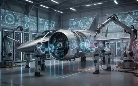 Ein futuristischer Flugzeughangar mit einem modernen Triebwerk im Vordergrund. Techniker arbeiten mit Augmented Reality und Roboterarmen. - Foto: über boerse-global.de
