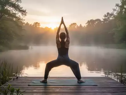 Eine Person macht Yoga auf einer Holzterrasse mit Blick auf einen ruhigen See bei Sonnenaufgang, umgeben von grüner Natur. - Foto: über boerse-global.de
