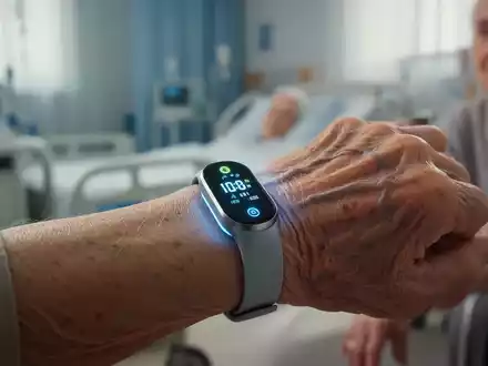 Ein intelligentes Armband mit digitalen Anzeigen am Handgelenk einer älteren Person, im Hintergrund ein Pflegebereich. - Foto: über boerse-global.de