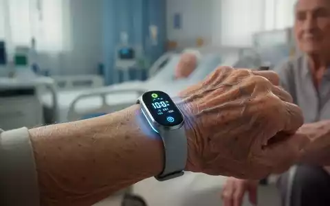 Ein intelligentes Armband mit digitalen Anzeigen am Handgelenk einer älteren Person, im Hintergrund ein Pflegebereich. - Foto: über boerse-global.de