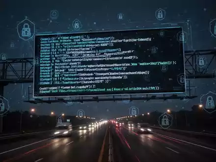 Digitale Autobahnanzeige mit korrupten Daten, Symbol für Cybersicherheitslücken in kritischer Infrastruktur. - Foto: über boerse-global.de