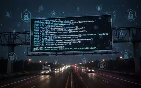 Digitale Autobahnanzeige mit korrupten Daten, Symbol für Cybersicherheitslücken in kritischer Infrastruktur. - Foto: über boerse-global.de