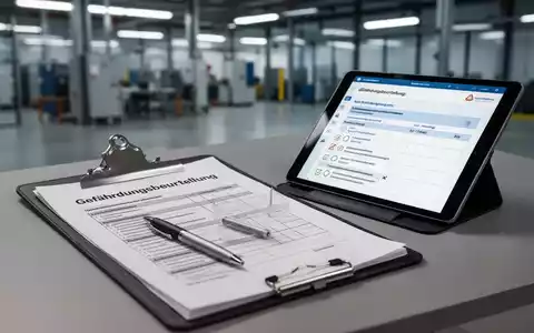 Ein Klemmbrett mit einem Dokument zur Gefährdungsbeurteilung, Stift und Tablet, das den Aktualisierungsprozess im Arbeitsschutz darstellt. - Foto: über boerse-global.de