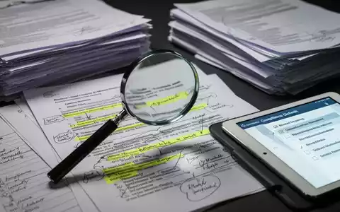 Eine Lupe vergrößert einen Abschnitt eines juristischen Dokuments, umgeben von Aktenstapeln und einem Tablet mit einer Checkliste. - Foto: über boerse-global.de