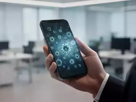 Nahaufnahme einer Hand, die ein Smartphone hält, mit einem subtilen Schein, der Keime darstellt. - Foto: über boerse-global.de