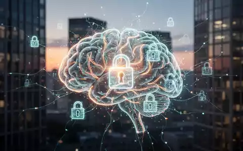 Ein stilisiertes, leuchtendes KI-Gehirn verknüpft sich mit digitalen Sicherheitsschlössern vor unscharfen Bürogebäuden. - Foto: über boerse-global.de