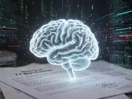 Ein glühendes, stilisiertes KI-Gehirn-Symbol vor einem verschwommenen Hintergrund aus digitalen Datenströmen und juristischen Dokumenten. - Foto: über boerse-global.de