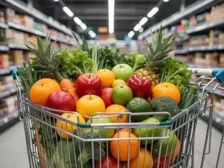 Ein Einkaufswagen voll mit frischem Obst und Gemüse in einem Supermarkt, der gesunde und erschwingliche Lebensmittel symbolisiert. - Foto: über boerse-global.de