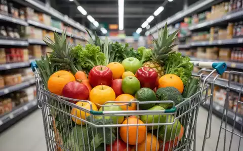 Ein Einkaufswagen voll mit frischem Obst und Gemüse in einem Supermarkt, der gesunde und erschwingliche Lebensmittel symbolisiert. - Foto: über boerse-global.de