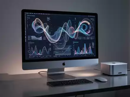 Schlankes Apple iMac- und Mac Mini-Setup auf modernem Schreibtisch mit leuchtenden Bildschirmen und abstrakten Daten. - Foto: über boerse-global.de