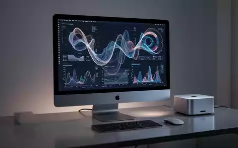 Schlankes Apple iMac- und Mac Mini-Setup auf modernem Schreibtisch mit leuchtenden Bildschirmen und abstrakten Daten. - Foto: über boerse-global.de