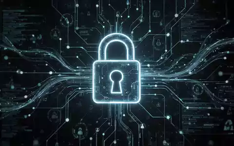 Leuchtendes Vorhängeschloss-Symbol über digitalem Netzwerkdiagramm mit abstrakten Datenflüssen, symbolisiert Cybersicherheits-Schwachstelle. - Foto: über boerse-global.de