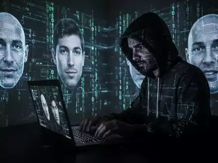 Eine Person im Kapuzenpulli tippt an einem Laptop, mit digitalen Gesichtern und Binärcode, die auf den Bildschirm projiziert werden. - Foto: über boerse-global.de