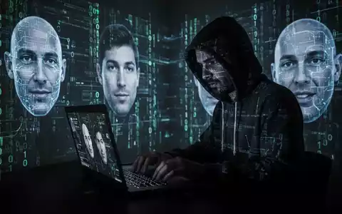 Eine Person im Kapuzenpulli tippt an einem Laptop, mit digitalen Gesichtern und Binärcode, die auf den Bildschirm projiziert werden. - Foto: über boerse-global.de