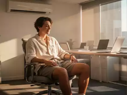 Eine Person in lockerer Sommer-Businesskleidung arbeitet entspannt in einem modernen Büro, das von Sonnenlicht durchflutet wird. - Foto: über boerse-global.de