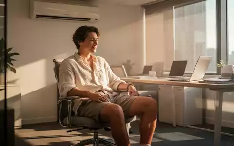 Eine Person in lockerer Sommer-Businesskleidung arbeitet entspannt in einem modernen Büro, das von Sonnenlicht durchflutet wird. - Foto: über boerse-global.de