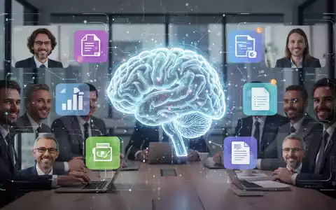 Leuchtendes KI-Gehirn-Symbol über digitalem Bildschirm mit abstrakten Meeting-Teilnehmern und Produktivitäts-App-Icons. - Foto: über boerse-global.de