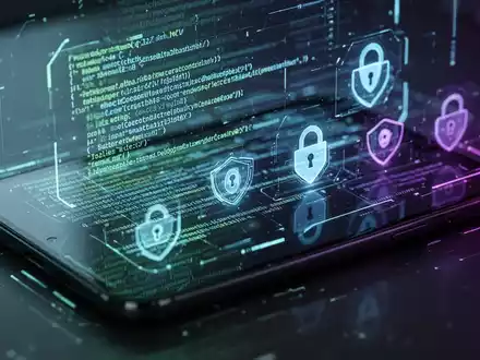 Nahaufnahme eines Smartphone-Bildschirms mit abstrakten, leuchtenden Codezeilen und digitalen Sicherheitssymbolen auf dunklem Hintergrund, die Software-Updates und Cybersicherheit darstellen. - Foto: über boerse-global.de