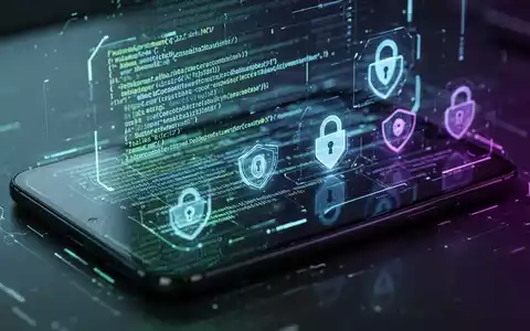 Nahaufnahme eines Smartphone-Bildschirms mit abstrakten, leuchtenden Codezeilen und digitalen Sicherheitssymbolen auf dunklem Hintergrund, die Software-Updates und Cybersicherheit darstellen. - Foto: über boerse-global.de