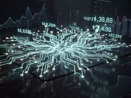 Leuchtendes neuronales Netz oder Leiterplatte mit digitalen Finanzdaten, symbolisiert steigende KI-Kosten und Budgetprobleme. - Foto: über boerse-global.de