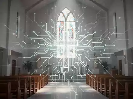 Leuchtendes, stilisiertes neuronales Netz mit subtilen religiösen Motiven in modernem Kirchenraum, symbolisiert KI im religiösen Kontext. - Foto: über boerse-global.de