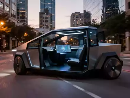 Zukunftsfähiges, fahrerloses Tesla Cybercab ohne Lenkrad oder Pedale auf einer Stadtstraße in Austin, Texas, in der Dämmerung. - Foto: über boerse-global.de
