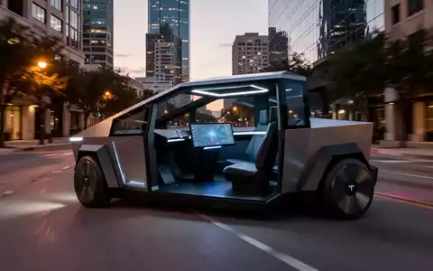 Zukunftsfähiges, fahrerloses Tesla Cybercab ohne Lenkrad oder Pedale auf einer Stadtstraße in Austin, Texas, in der Dämmerung. - Foto: über boerse-global.de
