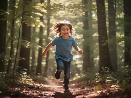 Ein Kind rennt fröhlich durch einen sonnendurchfluteten Wald, Bäume und natürliches Licht im Hintergrund verschwommen. - Foto: über boerse-global.de
