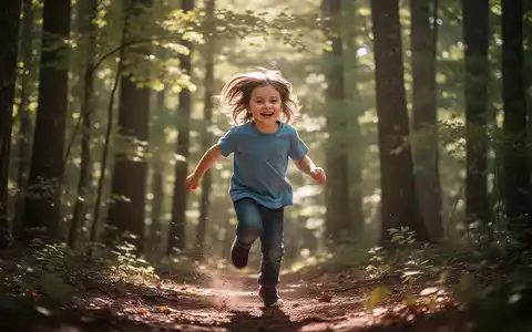 Ein Kind rennt fröhlich durch einen sonnendurchfluteten Wald, Bäume und natürliches Licht im Hintergrund verschwommen. - Foto: über boerse-global.de