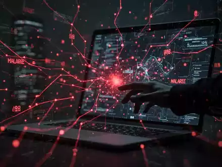 Dunkle digitale Landschaft mit roten Linien, die Malware symbolisieren, eine verschwommene Hand greift nach einem Laptop-Bildschirm. - Foto: über boerse-global.de