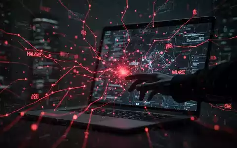 Dunkle digitale Landschaft mit roten Linien, die Malware symbolisieren, eine verschwommene Hand greift nach einem Laptop-Bildschirm. - Foto: über boerse-global.de
