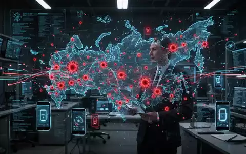 Holografische Karte Russlands mit roten Malware-Infektionsherden, im Vordergrund ein Cybersicherheitsexperte. - Foto: über boerse-global.de