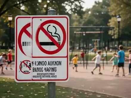 Ein 'Rauchverbot'-Schild in einem öffentlichen Park, mit unscharf spielenden Kindern im Hintergrund, symbolisiert neue Nichtraucherschutzgesetze. - Foto: über boerse-global.de