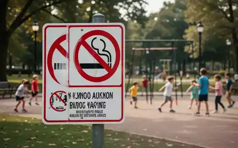 Ein 'Rauchverbot'-Schild in einem öffentlichen Park, mit unscharf spielenden Kindern im Hintergrund, symbolisiert neue Nichtraucherschutzgesetze. - Foto: über boerse-global.de